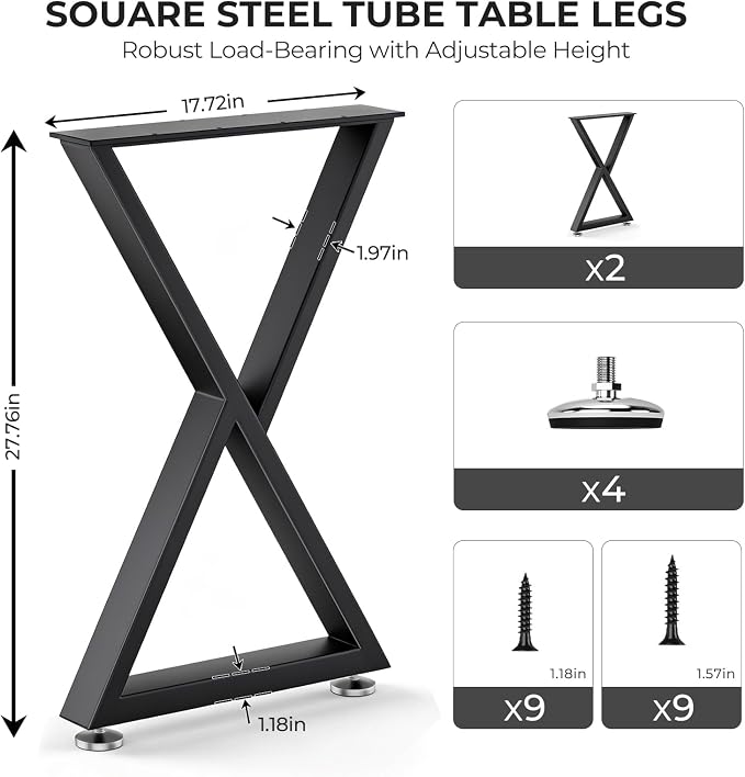 Table Legs 28”H x 18”W Heavy Duty Metal Furniture Legs Z Shape for Dining Table Kitchen Table Office Desk Table Base Replacement with Adjustable Feet Pads Screws 1000 LBS Load Black Set of 2