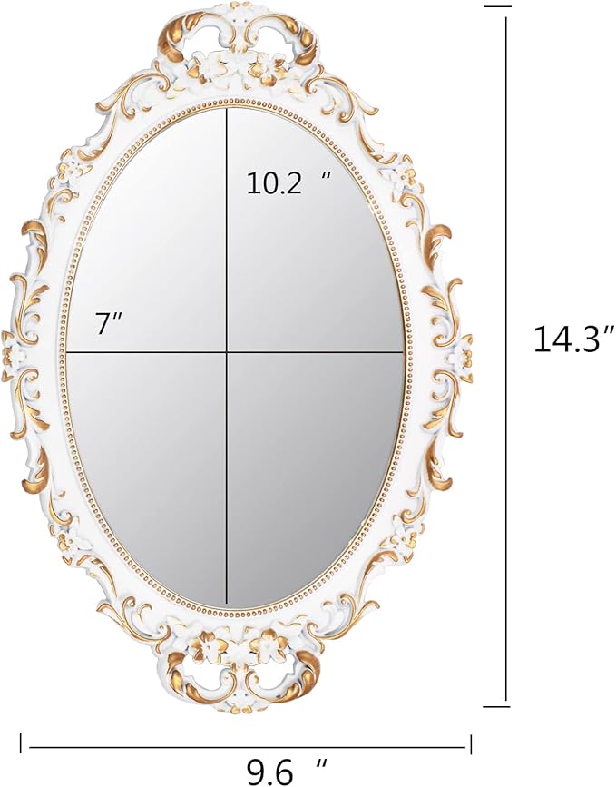 Tstarer 2 Pack - Vintage Decorative White Framed Mirror, Wall Hanging Mirrors & Tabletop Tray for Bedroom Living Room Dresser Decor, Oval- 9.6" W x 14.3" L (WHITE-2PACK)