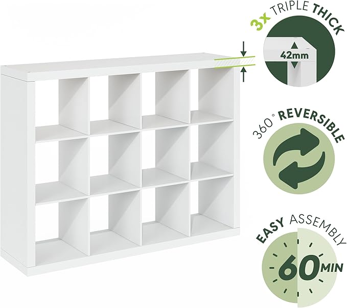 Furinno Cubicle Book Shelf, 12-Cube Bookshelf, Triple Thick Frame Cube Storage Organizer, 1.65" Thick Bookcase, 15.4" x 57.4" x 43.4", for Home Office, Living Room, Plain White