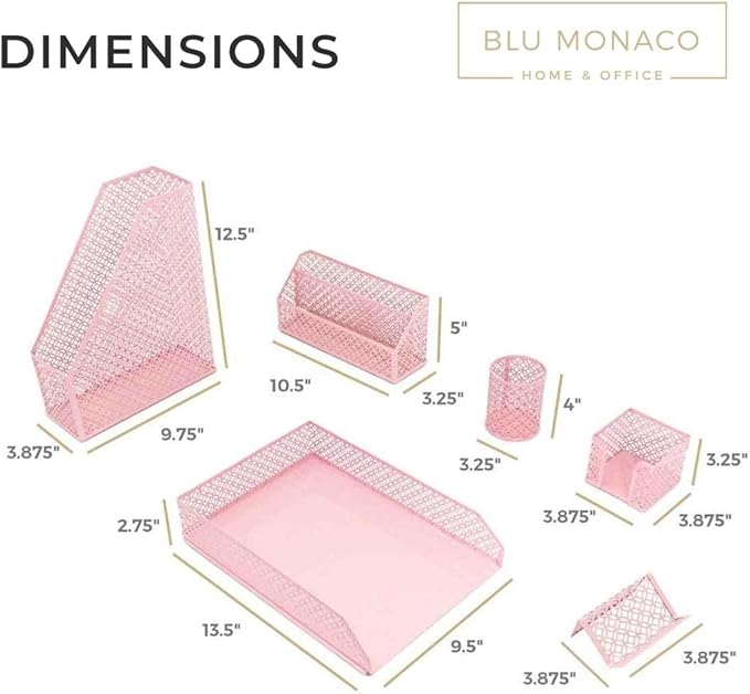 BLU MONACO Pink Desk Organizer Set | 6-Piece Metal Desktop Accessories | Mail Sorter Organizer Countertop | Letter Sorter for Desk | Mesh Pen Holder | Home Office or Dorm