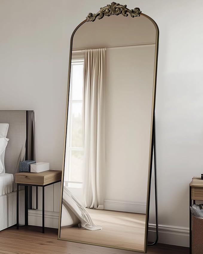Antok Arched Full Length Mirror, 65"x22" Floor Mirror with Carved, Full Body Mirrors for HomeDecor, Standing/Halling Large Wall Mirror for Bedroom, Living Room, Cloakroom, Bronze, Retro Style