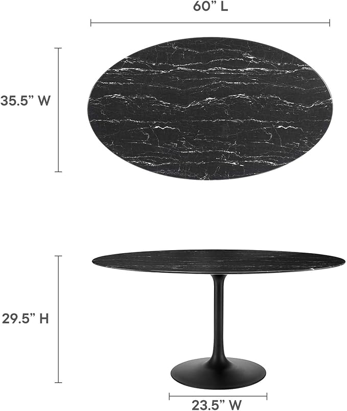 Modway Lippa Oval 60" Mid-Century Modern Artificial Marble Dining Table in Black Black