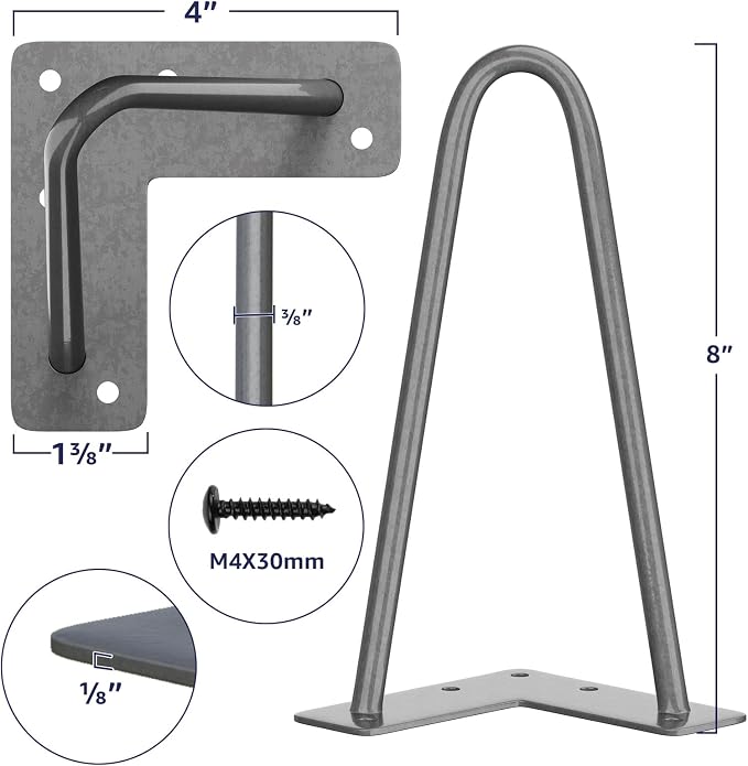 SMARTSTANDARD 8 Inch Heavy Duty Hairpin Furniture Legs, Metal Home DIY Projects for TV Stand, Sofa, Cabinet, etc with Rubber Floor Protectors Gray 4PCS