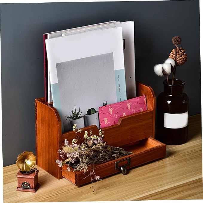 STOBAZA 1pc Desktop Bookshelf Organizer Wooden Sundries Container Storage Rack Multi Design for Home Office Dormitory Convenient Desktop Holder Chocolate Finish