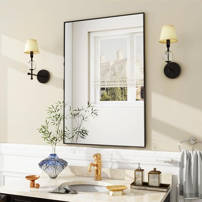 BEAUTYPEAK Black Bathroom Wall Mirror - 20" x 28" Rectangular Mirror with Metal Frame, Hangs Horizontal or Vertical for Living Room Bedroom Bathroom Entryway