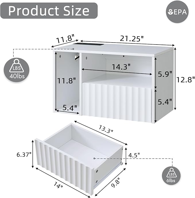 Modern Matte White Fluted Floating Nightstand with Charging Station, NightStand with Drawers, Bedside with USB Ports and Outlets, Bedroom Furniture (Set of 2)