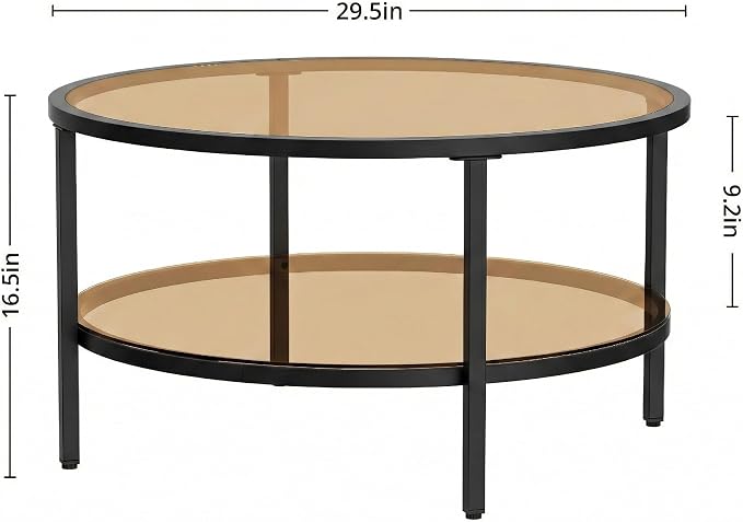 DIYART 29.5" Round Glass Coffee Table, 2-Tier Modern Amber Glass & Metal End Table for Living Room, Mid Century Accent Table with Lower Shelf, 29.5" D x 16.5" H