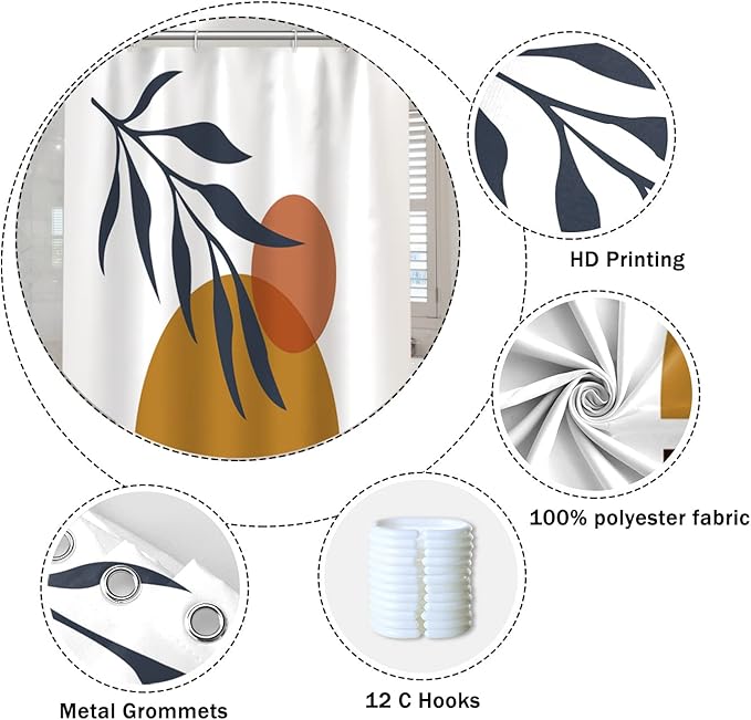 Mid Century Bohemian Bathroom Shower Curtain Abstract Circle Eucalyptus Leaves Sun Boho Shower Curtain with Hooks Waterproof Fabric Polyester Shower Curtain Aesthetics Home Decor, 72x78 Inch