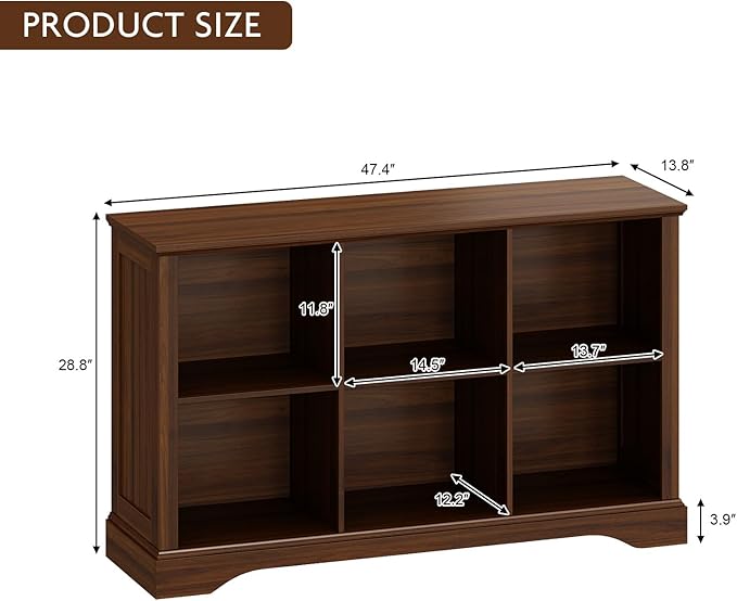 6 Cube Storage Organizer - 47.4" Farmhouse Wood Low Bookshelf, 3 Tier Horizontal Open Shelf Bookcase Cubby Storage Console Cabinet for Living Room, Entryway, Office, Walnut