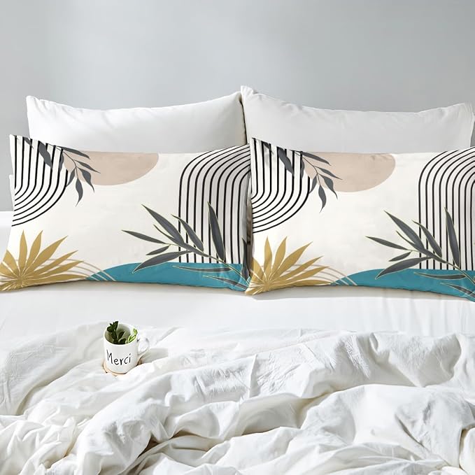 Erosebridal Beige Teal Black Duvet Cover Toddler for Kids Boys Girls,Abstract Geometric Comforter Cover,Botanical Plant Leaves Bedding Set,Minimalist Aesthetic Bed Set 2 Pcs Bedroom Decor
