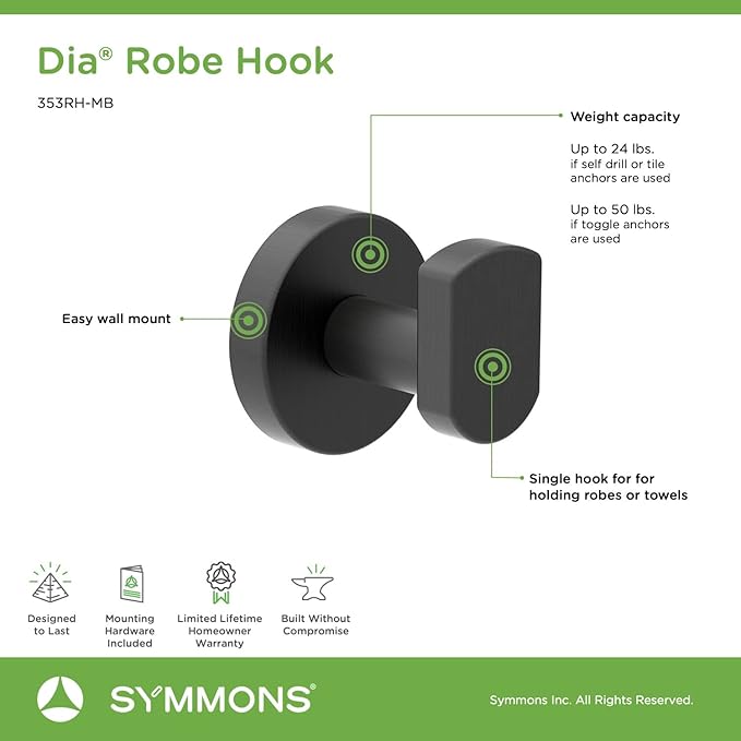 Symmons 353RH-MB Dia Wall-Mounted Robe Hook in Matte Black