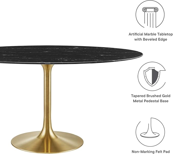 Modway Lippa Oval 60" Artificial Marble Mid-Century Modern Dining Table, Gold Black