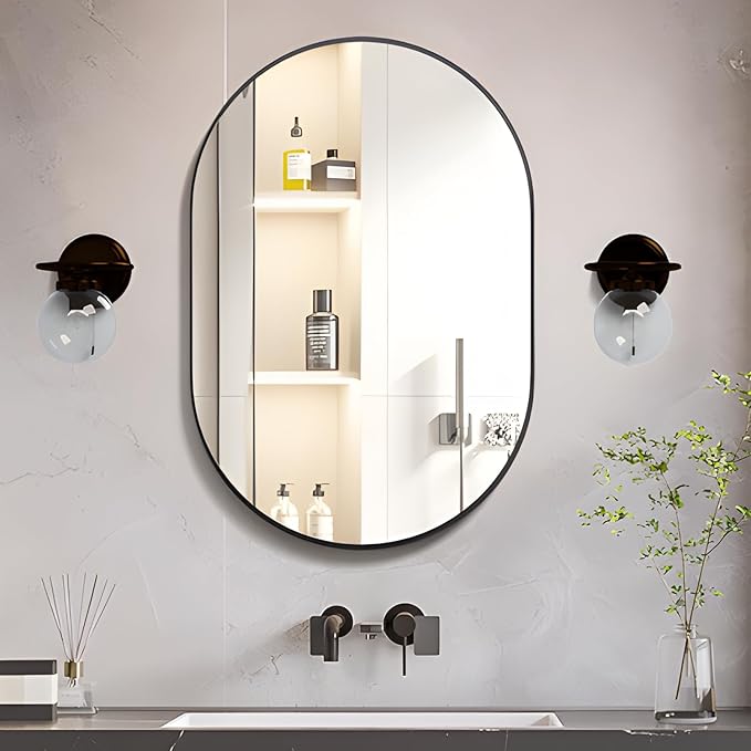 Oval Bathroom Mirror Capsule Wall Mirror, 24"x36" Black Vanity Wall Mounted Mirror, Large Modern Pill Mirrors with Metal Frame, Decor for Entryway, Bedroom, Living Room