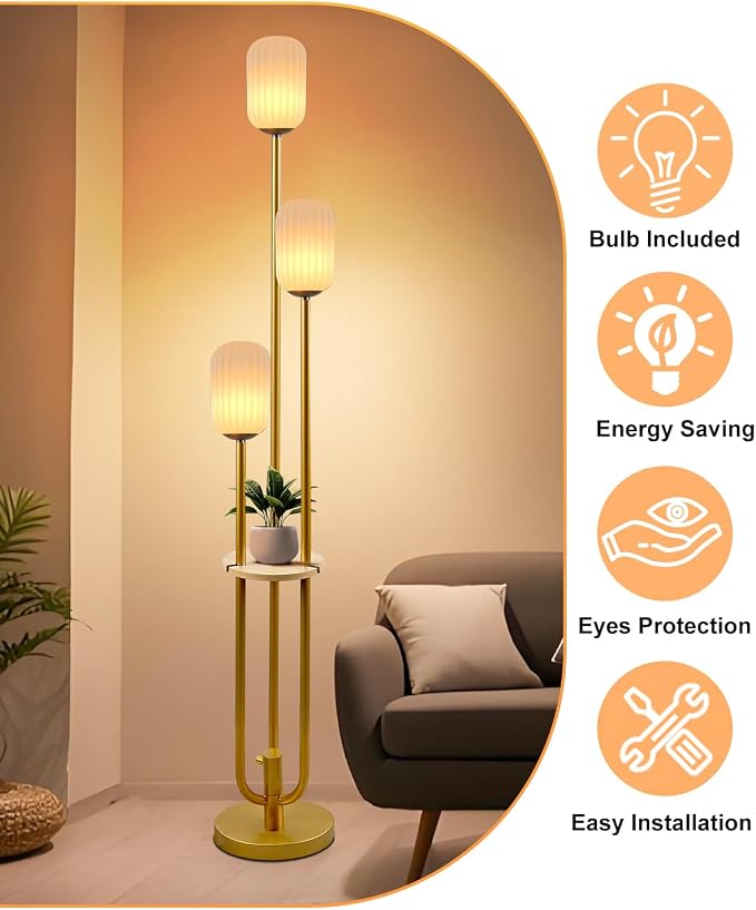 Lightdot Gold Dimmable Floor Lamp with Shelf Modern Floor Lamps with Oval Striped Lampshade 3000K Bulb Included 3-Lights Candle Holder Style Tall Lamp for Living Room/Bedroom/Sofa Beside/Corner Decor