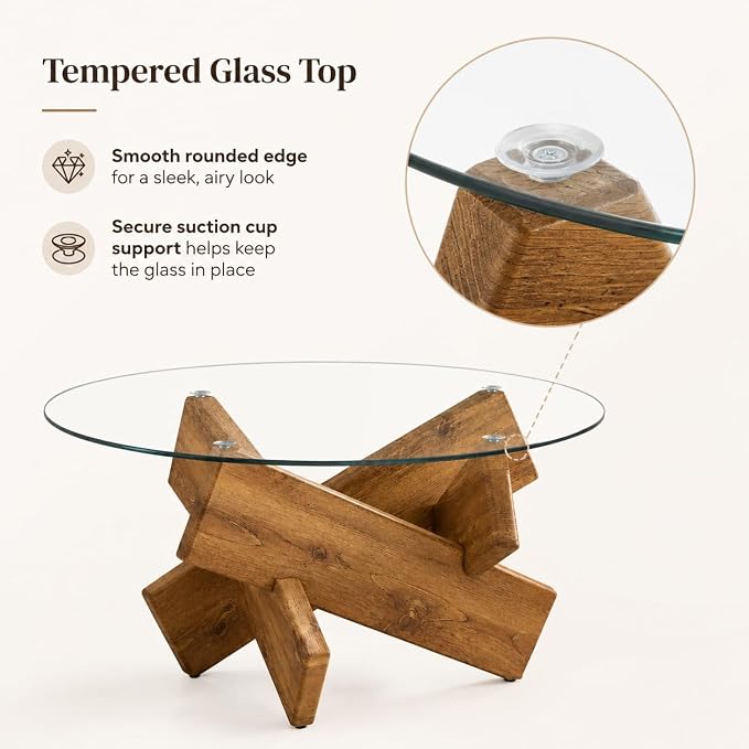 Circle Coffee Table, 33.4" Round Glass Coffee Table for Living Room, Mid Century Modern Center Table with Rustic Wood Crossed Legs, Glass Top Cocktail Table