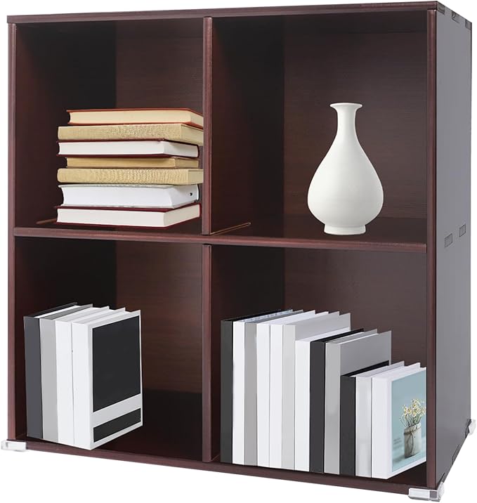 4-Cube Pine Wood Storage Organizer, Solid Wooden Bookshelf with Back Panel, 11in Shelf Opening Bookcase, Freestanding for Living Room, Bedroom, Office - Dark Brown (23.6 x 11.8 x 23.6in)