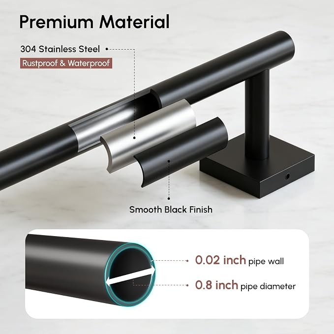 USHOWER Matte Black Towel Bar, 18 Inch Towel Racks for Bathroom Wall Mounted, 304 Stainless Steel Towel Holder with Square Base, Modern Home Decor (Total Length 20 Inch)