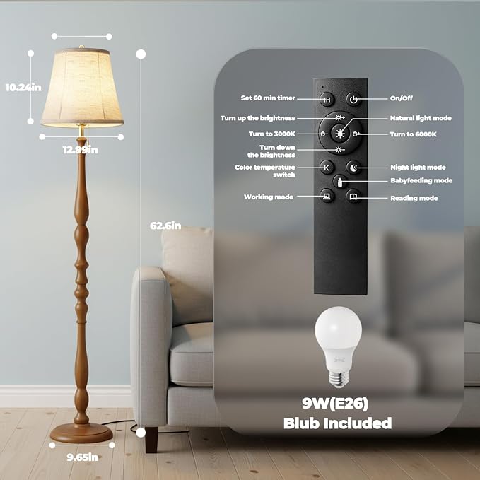 LALISU Wood Floor Lamp for Living Room,Farmhouse Standing Lamp with Remote & Dimmable 9W Bulb, Mid Century Standing Tall Lamps for Bedroom Corner Floor Lamps for Nursery, Office, Reading (Walnut)