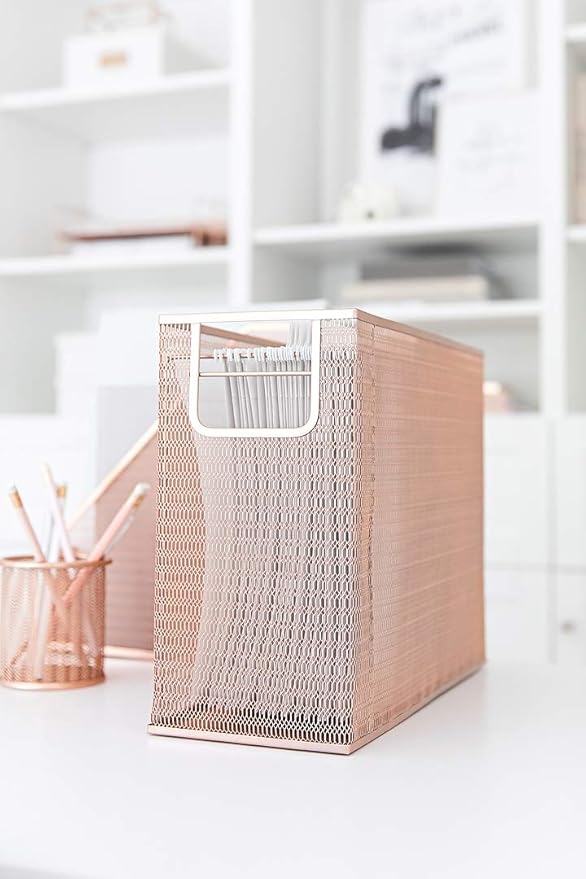BLU MONACO Rose Gold Desk Organizer Set | 5-Piece Metal Desktop Organization Kit With File Holder, Magazine Rack, Pen Cup, Sticky Note Holder and Letter Sorter | Stylish Office Accessories