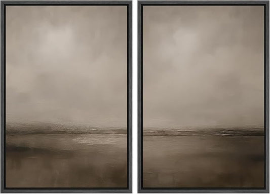 MUDECOR Framed Canvas Print Wall Art Abstract Brown and Taupe Modern Minimalist Misty Landscape Illustrations Modern Art Decorative Bohemian for Living Room, Bedroom, Office - 24"x36"x2 Black