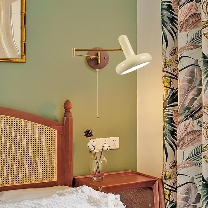 Swing Arm Wall Lamp with Pull, Retractable Vintage Sconce for Bedroom, Living Room, Office