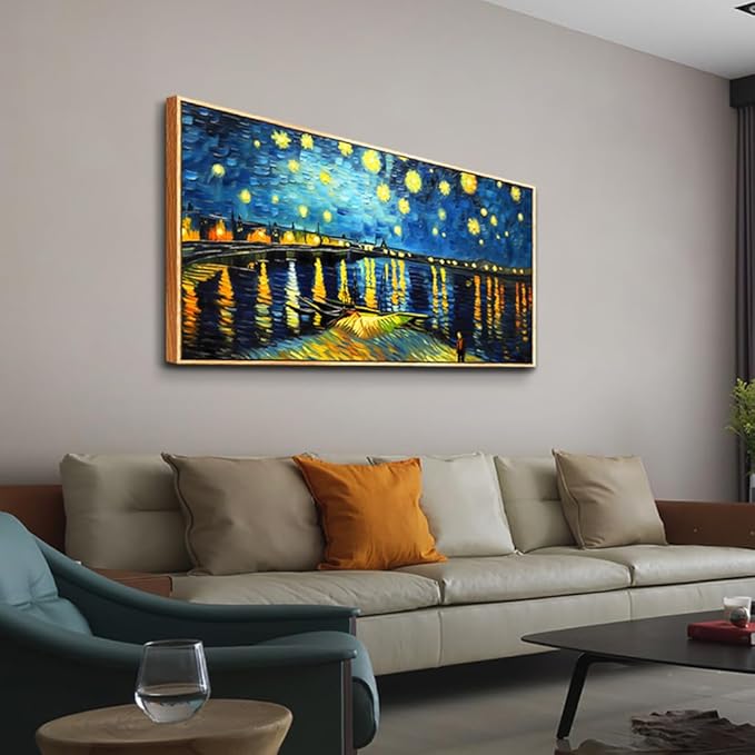 hyidecorart Abstract Blue Vintage Pictures Artwork Canvas Wall Art For Living Room Large Wall Decor For Office Modern Bedroom Decoration Night Scene Wall Paintings Home Decor Wood Framed 24x48