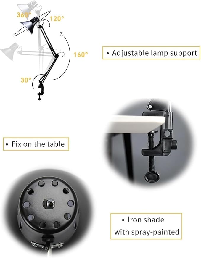 LED Desk Lamp Metal Swing Arm with Clamp Dimmable Retro Switch Bedside Lamps Modern Simple Foldable Rotatable Work(White)