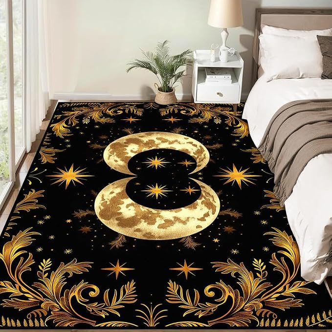 Sun Moon Star Area Rug 5'x7' Golden Boho Carpet Non-Slip Washable Low Pile Floor Mat for Bedroom Living Room Nursery Playroom Classroom Home Decor