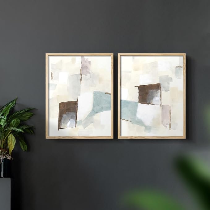 Renditions Gallery Set of 2 Peel & Stick Framed Prints, Abstract Wall Art, Minimalist Color Block Brush Strokes Wall Decor, Re-Stickable - Ready to Hang - 22"x28" - NATURAL WOOD Frame LT588