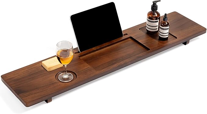 Teak Wood Bathtub Tray Caddy, 39 Inch Adjustable Bath Tub Tray for Freestanding Tubs, with Non-Slip Phone & Wine Glass Holder, Book Stand for Relaxing Bath