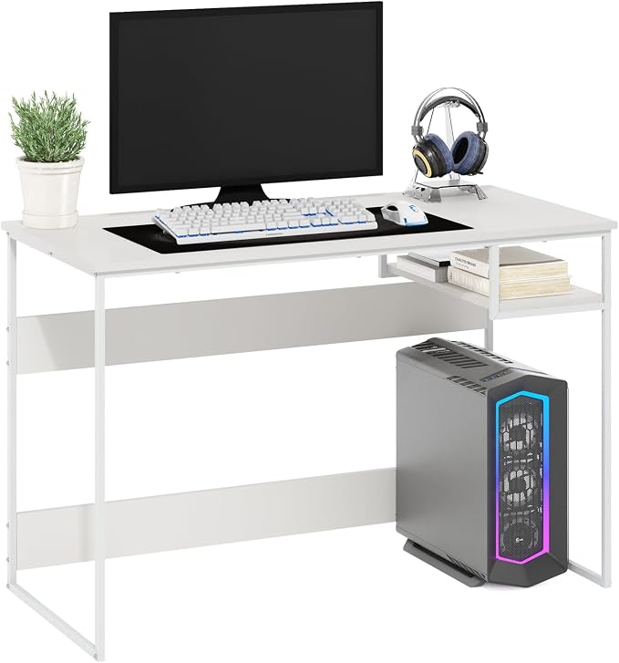 Furinno Moretti Desk, 45" Wide Metal Frame Gaming Desk with Open Shelf, Computer Desk, Writing Desk, Office Desk for Home Office, Study Room, Dorm, Bedroom, Solid White