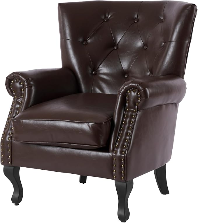 Modern Accent Chair, Mid-Century Faux Leather Armchair with Solid Wood Legs, Single Sofa Club Chair for Living Room, Bedroom, Leisure Room, Reading Room(Caramel)