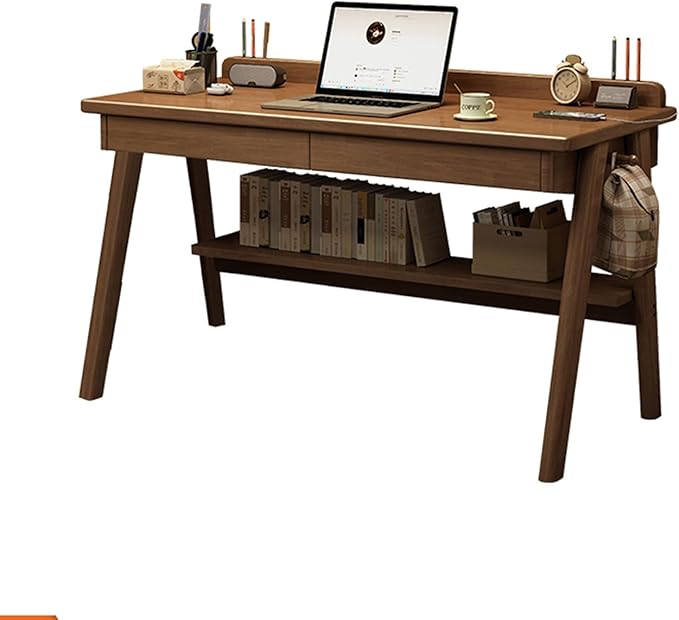Mid-Century Modern Wood Desk,Computer Desks with Drawers and Storage Shelf,Study Work Writing Table,Modern Industrial Home Office Desks for Writing,Executive,Study,Work(Walnut,55in(140cm))