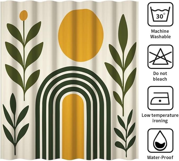 Modern Boho Shower Curtain for Bathroom Abstract Minimalist Bathroom Decor Set Green Leaves Arch Sun Bathtub Curtains Machine Washable Waterproof Polyester Fabric with Hooks 65x72 Inch