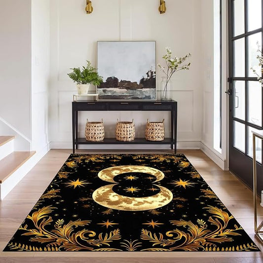 Sun Moon Star Area Rug 3'x5' Golden Boho Carpet Non-Slip Washable Low Pile Floor Mat for Entryway Bedroom Living Room Nursery Playroom Classroom Home Decor
