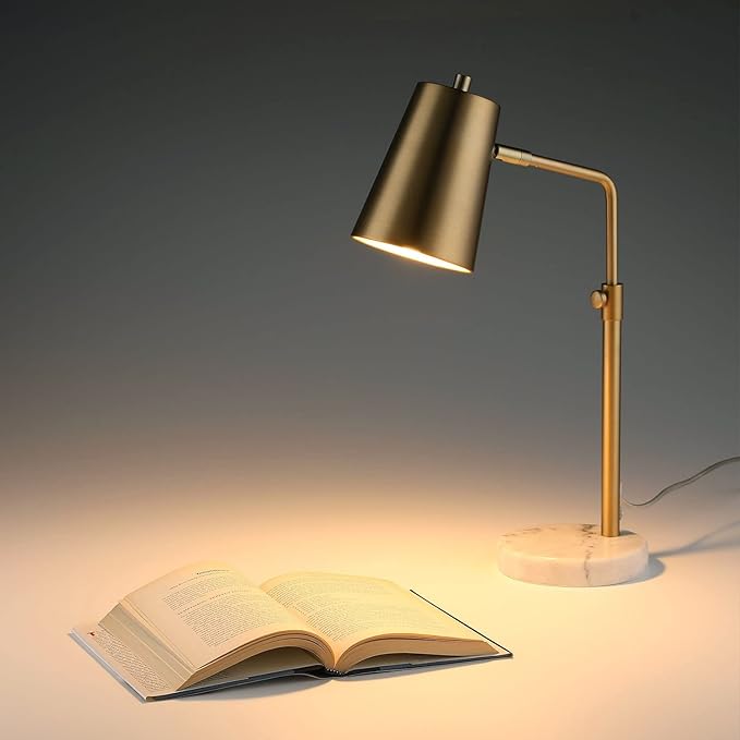 VONLUCE Gold Desk Lamp with LED Bulb Adjustable, Antique Brass Metal Table Lamp Marble Base, Mid Century Modern Reading Lamp Office, 20’’ Industrial Task Lamp Work Lamp for Reading Bedroom