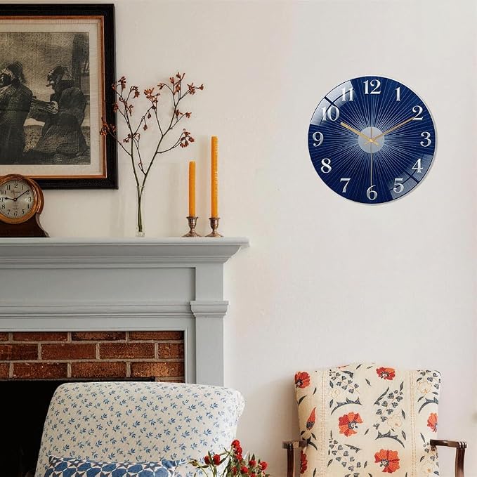 24 Inch Navy Sunburst Glass Wall Clock Silent Modern Art Decor | Silent glossy clock with deep blue sunburst and silver numbers, elegantly tracking time for your modern living room