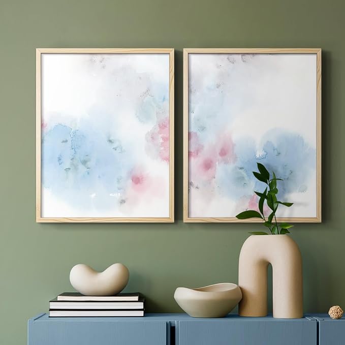 Renditions Gallery Set of 2 Peel & Stick Framed Prints, Watercolor Abstract Wall Art, Cotton Candy Splash Wall Decor, Re-Stickable - Ready to Hang - 11"x14" - NATURAL WOOD Frame LT588