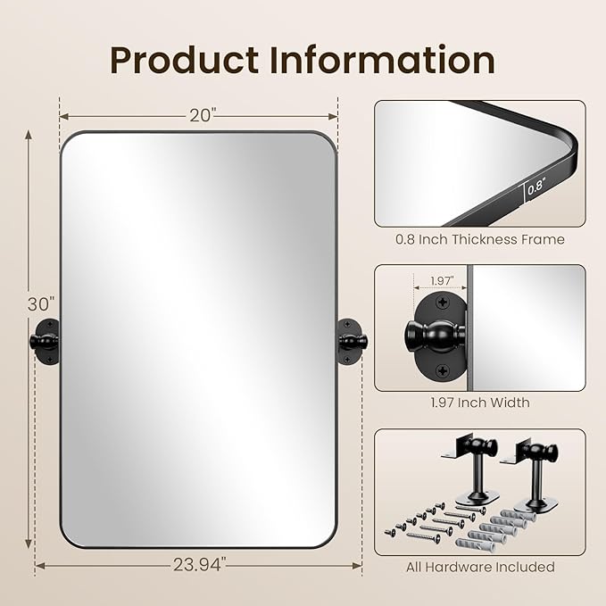 Pivot Mirror 20x30 Adjustable Tilting Rectangle, Matte Black Metal Frame Bathroom Vanity Mirror, Horizontal/Vertical Mount, HD Shatterproof Glass for Farmhouse/Modern Bathroom Over Sink