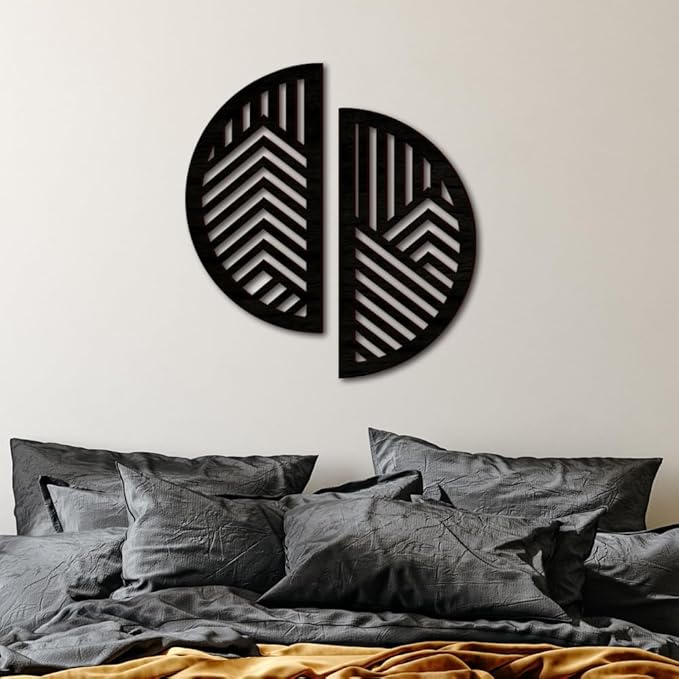 Hollow Round Wood Art Wall Decor, Modern Vintage Wooden Round Wall Sculptures, Half Round Wall Decor Hanging Abstract Panel 3D Geometric Wood Wall Art Decor for Home Office Living Room Bedroom (Black)