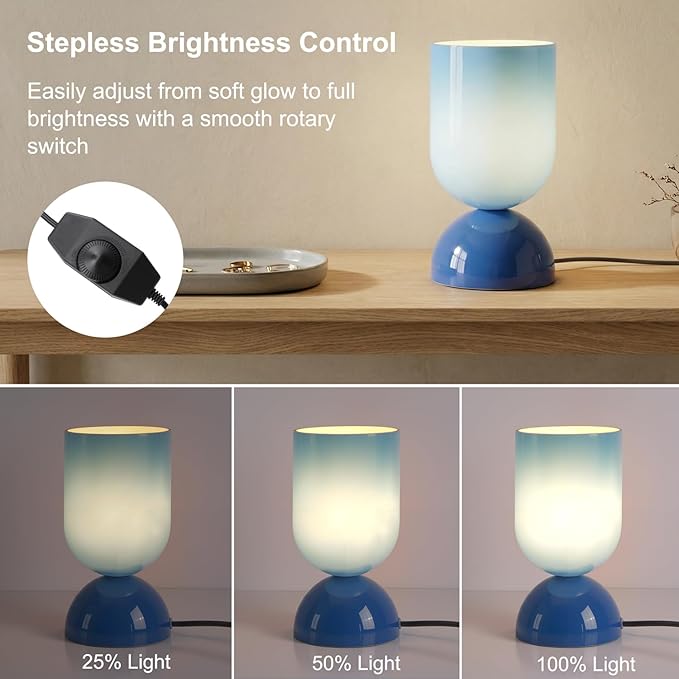 8.9" Modern Glass Table Lamp for Living Room, Dimmable Desk Lamps for Bedroom, UL Listed Nightstand Lamp with Dome Base, End Table Lamps for Home, Side Tables, College Dorm, Office, Glossy Blue