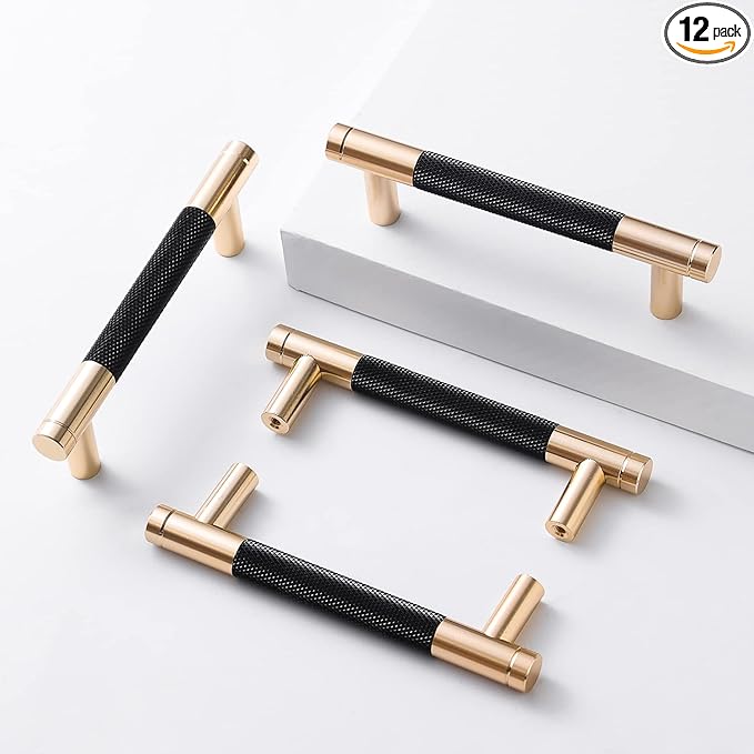 12 Pack 3 3/4 Inch 96 mm Barrel Cabinet Pulls Gold and Black Cupboard Aluminum Handles Drawer Pull Cabinet Handles 3.75 12pack Gold and Black