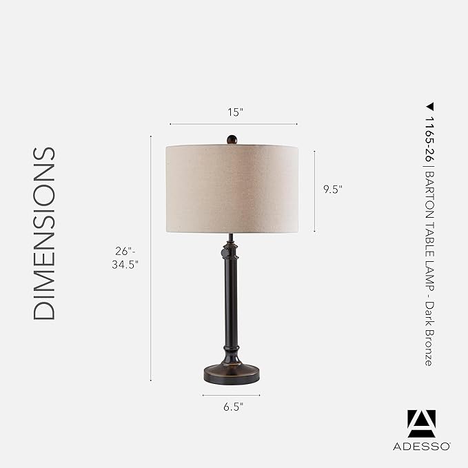 Adesso Antique Bronze Table Lamp with Oatmeal Linen Shade – Adjustable Height Accent Light for Bedroom, Living Room, or Home Office, up to 34” Tall