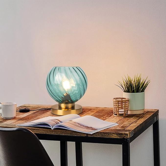Mid Century Table Lamp, Globe Desk Lamp with Blue Handblown Glass Shade, Gold Metal Nightstand Night Light for Room Home Office Desk Dorm Studyroom (Blue)