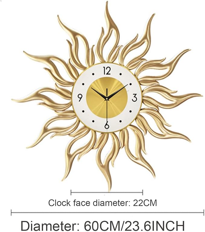 Large Sunburst Wall Clocks for Living Room Fashion Metal 3D Art Flame Design Silent Non Ticking Quartz Clock Creativity Wall Watches Gold 60CM