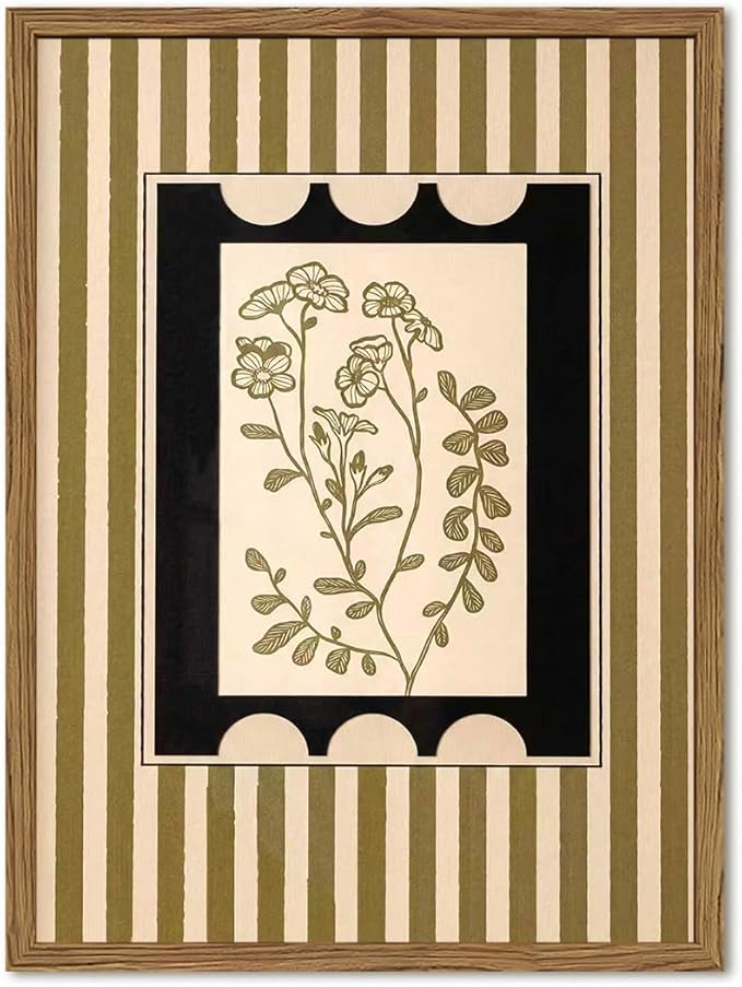 Vintage Boho Floral Wall Art Modern Botanical Flower Wall Decor Painting, Mid Century Plant Striped Poster Canvas Print Picture for Living Room Bedroom 12x16 inch Wood Framed