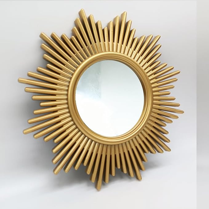 Gold Mirrors for Wall Pack of 1. Round Mirrors.12 Pointed Star Shape.Decorative Mirrors.Wall Mirrors for Decor Home Decor.Plastic Frames.Glass Mirrors.Sun Gold Color.