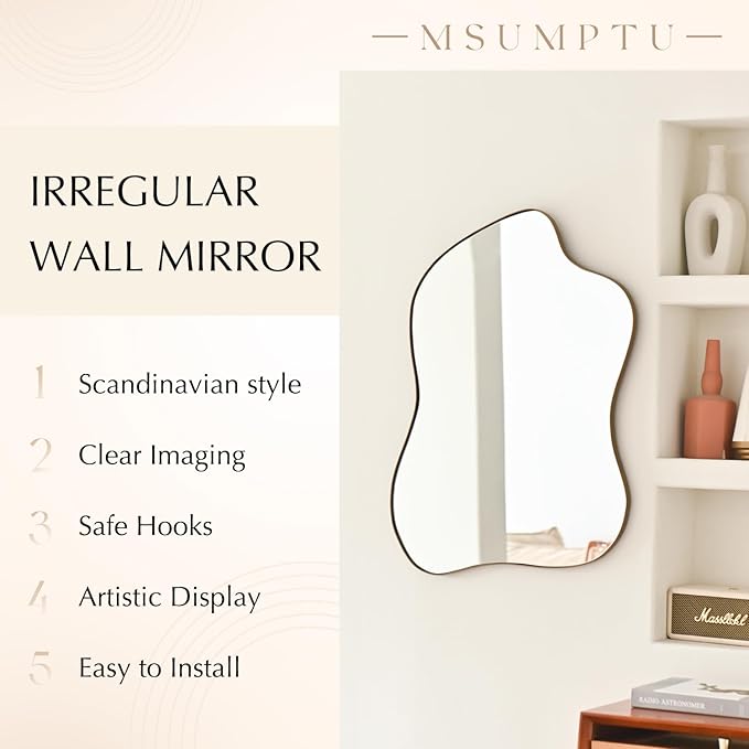 Irregular Wall Mirror Brass Wave Shaped Metal Framed Wall Mirror for Bathroom Bedroom Entryway Living Room Wall Decor 28" L x 20" W 2304G