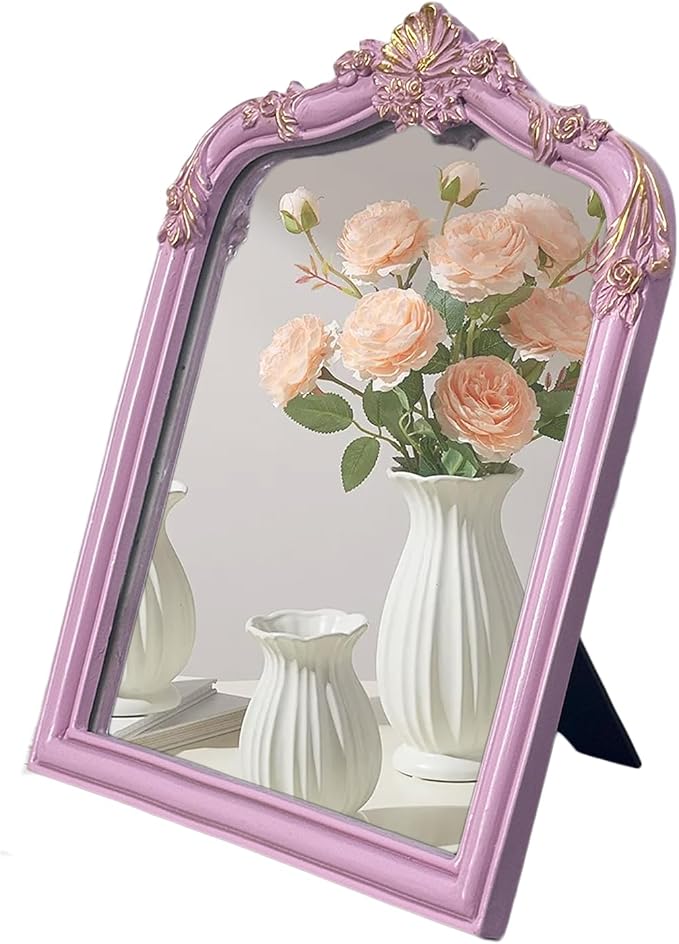 Pink Flower Bow Mirror - 13x10 Inch Elegant Decorative Accent, Wall-Mounted & Tabletop Makeup Mirror for Bedroom Interior Decor