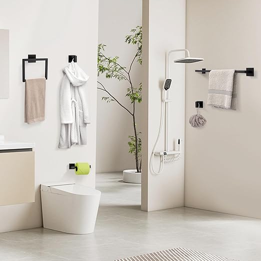 YACVCL Black Towel Bar Set 5-Piece Bathroom Hardware Accessories Set,SUS304 Stainless Steel Towel Rack Set,23.6 Inch Towel Bar,Toilet Paper Holder,Towel Ring and Towel Hooks,Wall Mounted